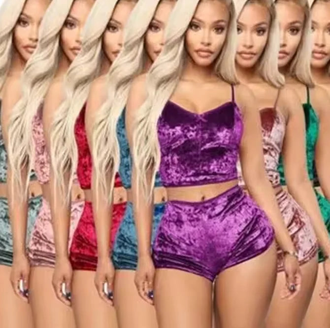 Women's Plus Size Lingerie Nightwear Halter Top and Shorts Sleepwear Mature Sexy Velvet Pajama Smart Home Product-Clothing
