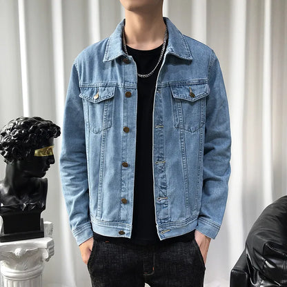 Men Denim Jackets Casual Solid Color Lapel Single Breasted Blue Jeans Jacket Men Spring Autumn Slim Fit Cotton Outwear Jackets M~ 5XL