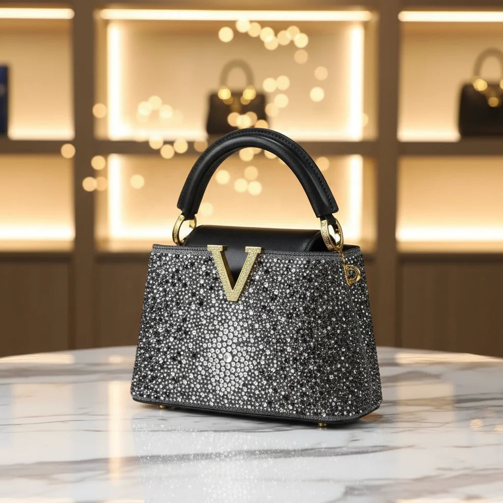 High-end Cross-border Rhinestone Handbag Women's 2026 New Fashion Bucket Bag Quality Designer Small Bag Dinner Party Bag 21CM