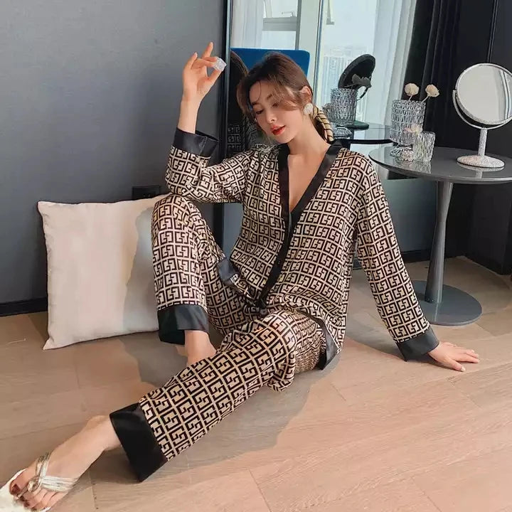 Women Fashion New Pajamas High Quality Sleepwear Luxury Inspired Lounge Wear Two Pieces Long Sleeve Silk Pajamas Set