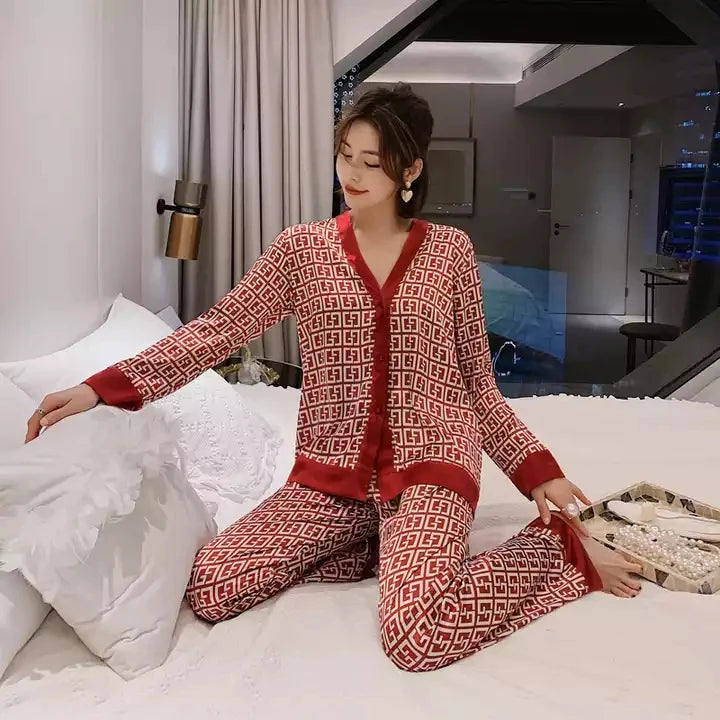 Women Fashion New Pajamas High Quality Sleepwear Luxury Inspired Lounge Wear Two Pieces Long Sleeve Silk Pajamas Set