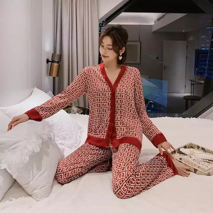 Women Fashion New Pajamas High Quality Sleepwear Luxury Inspired Lounge Wear Two Pieces Long Sleeve Silk Pajamas Set