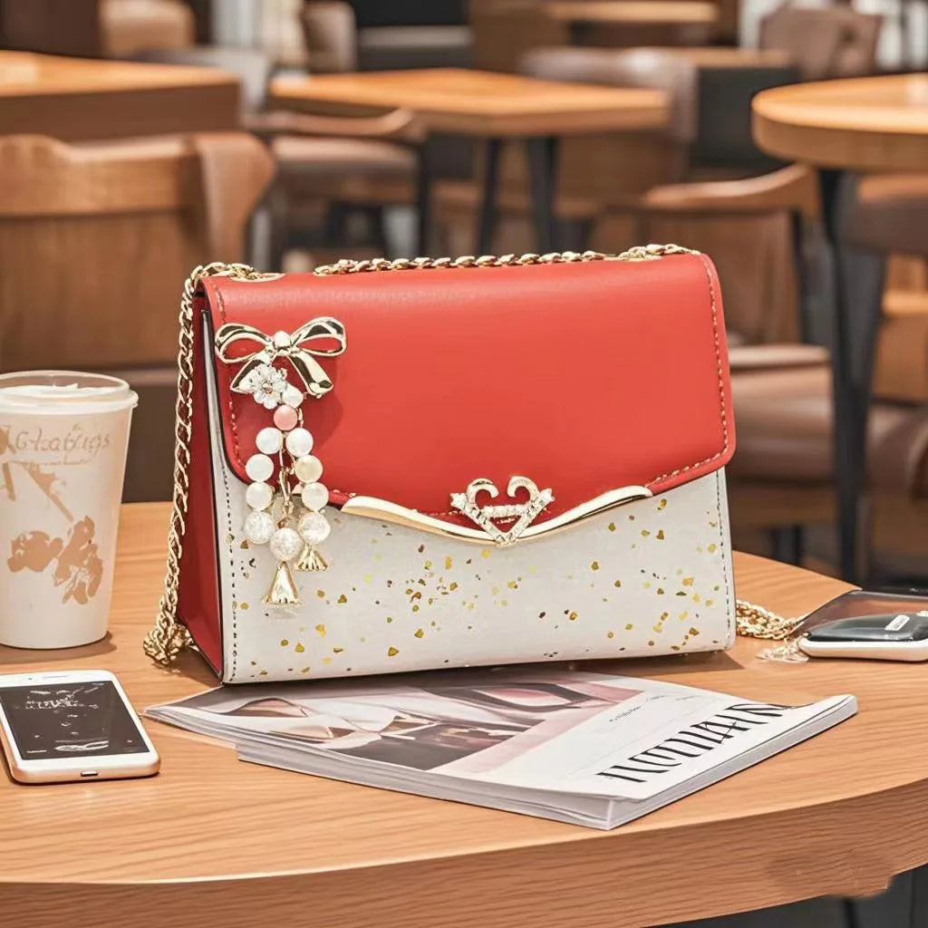 Ladies Designer Cross Body Messenger Bag Golden Chain Strap Bowknot Confetti Decoration Fashion Women's Handbags