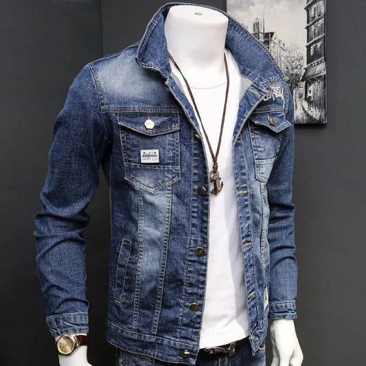 Chaqueta vaquera a la moda para hombre, chaqueta con letras, bordado Delgado, abrigo vaquero de manga larga con cuello levantado para jóvenes, primavera y otoño, 2021