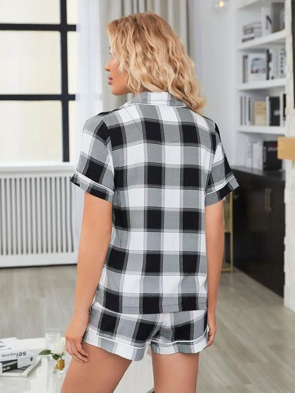 New Arrival Women Black Plaid Pajama Sets Short Sleeve Loungewear for Home wear