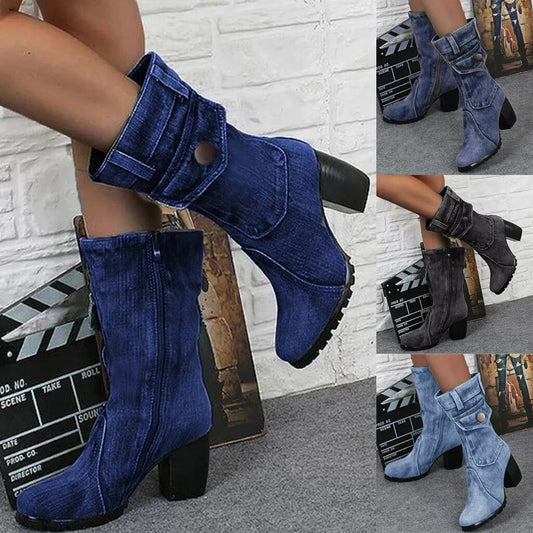 Blue jeans boots Women's Mid-rise Rome Solid Slip-On Chunky Med Heels Boots wild vintage Large Size Ladies shoes