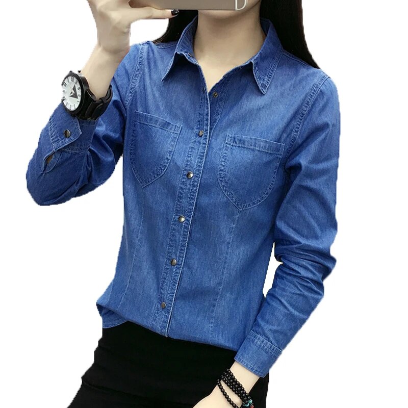 Nueva camisa vaquera para mujer, camisa vaquera a la moda de primavera con bolsillos para mujer, blusas ajustadas de manga larga para mujer, ropa para mujer