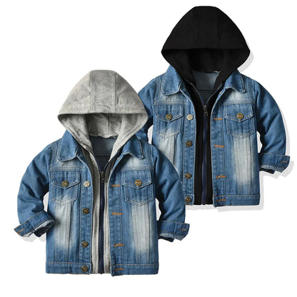 Niños niños niñas chaquetas de mezclilla con capucha Casual falso dos cárdigan abrigo niños vaquero cremallera prendas de vestir exteriores ropa JYF