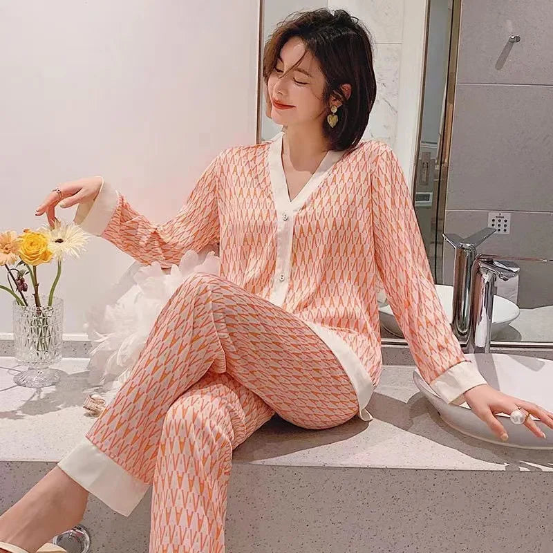 Women Fashion New Pajamas High Quality Sleepwear Luxury Inspired Lounge Wear Two Pieces Long Sleeve Silk Pajamas Set