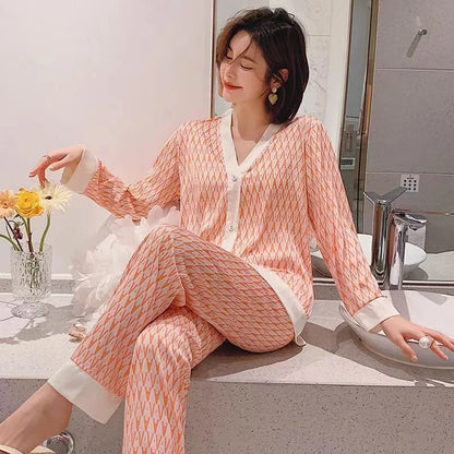 Women Fashion New Pajamas High Quality Sleepwear Luxury Inspired Lounge Wear Two Pieces Long Sleeve Silk Pajamas Set