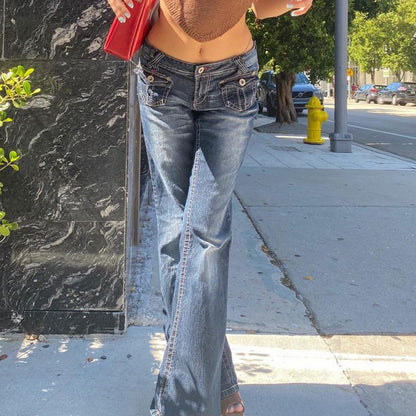Hot Denim Jeans Y2K Grunge Vintage Low Waisted Pockets Skinny Flare Pants 2000s Retro Cargo Trousers