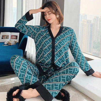 Women Fashion New Pajamas High Quality Sleepwear Luxury Inspired Lounge Wear Two Pieces Long Sleeve Silk Pajamas Set