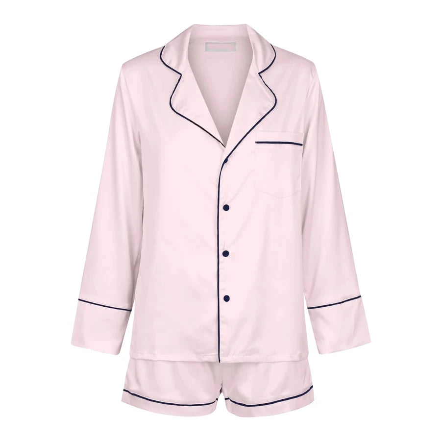 Luxury Sleep Lounge Wear Satin Sleepwear Personalize Long Sleeve Pajama Short Set Custom Women Pajamas