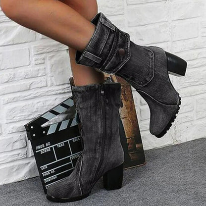 Blue jeans boots Women's Mid-rise Rome Solid Slip-On Chunky Med Heels Boots wild vintage Large Size Ladies shoes