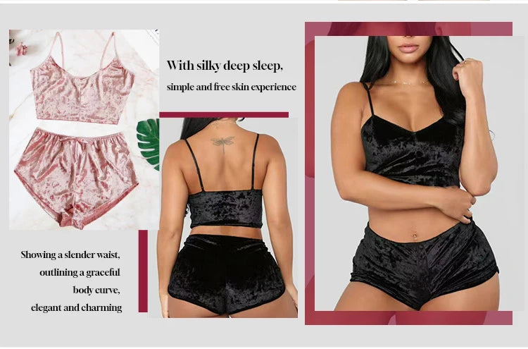 Women's Plus Size Lingerie Nightwear Halter Top and Shorts Sleepwear Mature Sexy Velvet Pajama Smart Home Product-Clothing