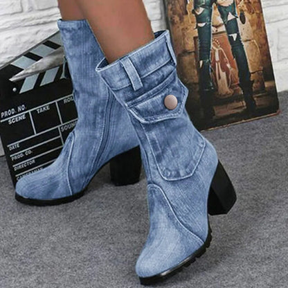 Blue jeans boots Women's Mid-rise Rome Solid Slip-On Chunky Med Heels Boots wild vintage Large Size Ladies shoes