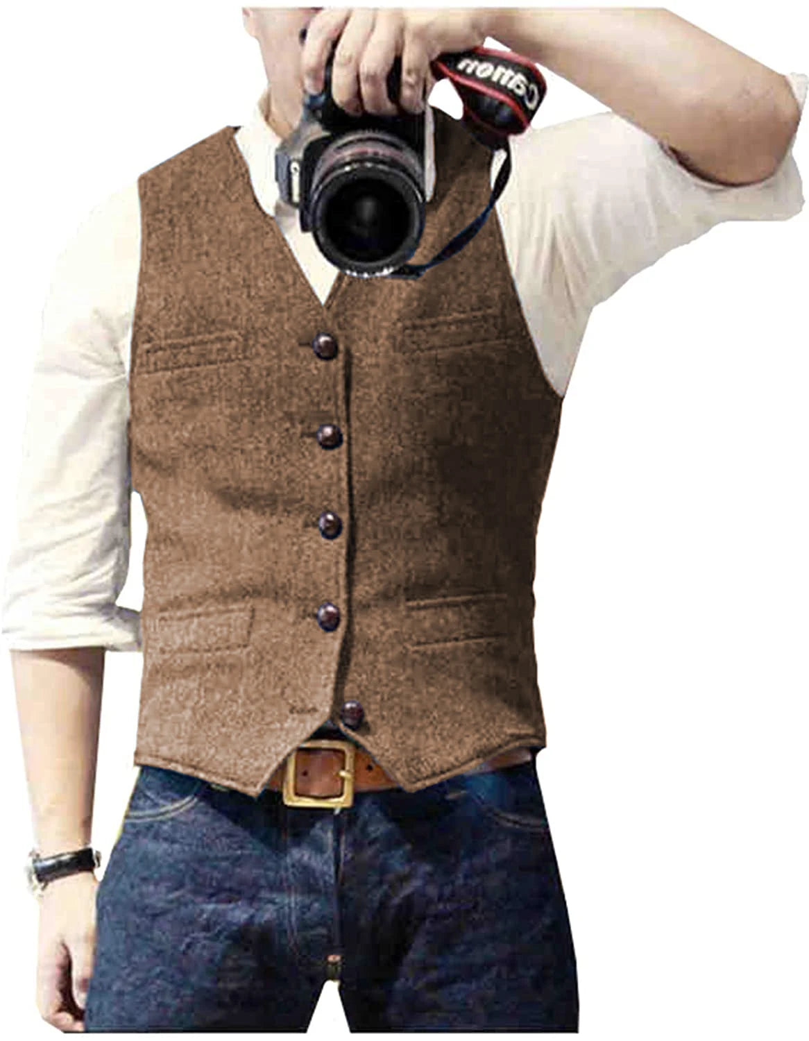 Men's Casual Classic Suit Vest V Neck Herringbone Tweed Slim Fit Business Waistcoat For Wedding