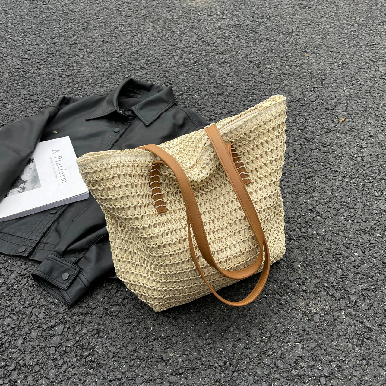 Summer Natural Rattan Woven Tote Bags Handmade Women Beach Straw Bags Women Handbags