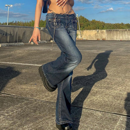 Hot Denim Jeans Y2K Grunge Vintage Low Waisted Pockets Skinny Flare Pants 2000s Retro Cargo Trousers