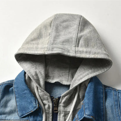 Niños niños niñas chaquetas de mezclilla con capucha Casual falso dos cárdigan abrigo niños vaquero cremallera prendas de vestir exteriores ropa JYF