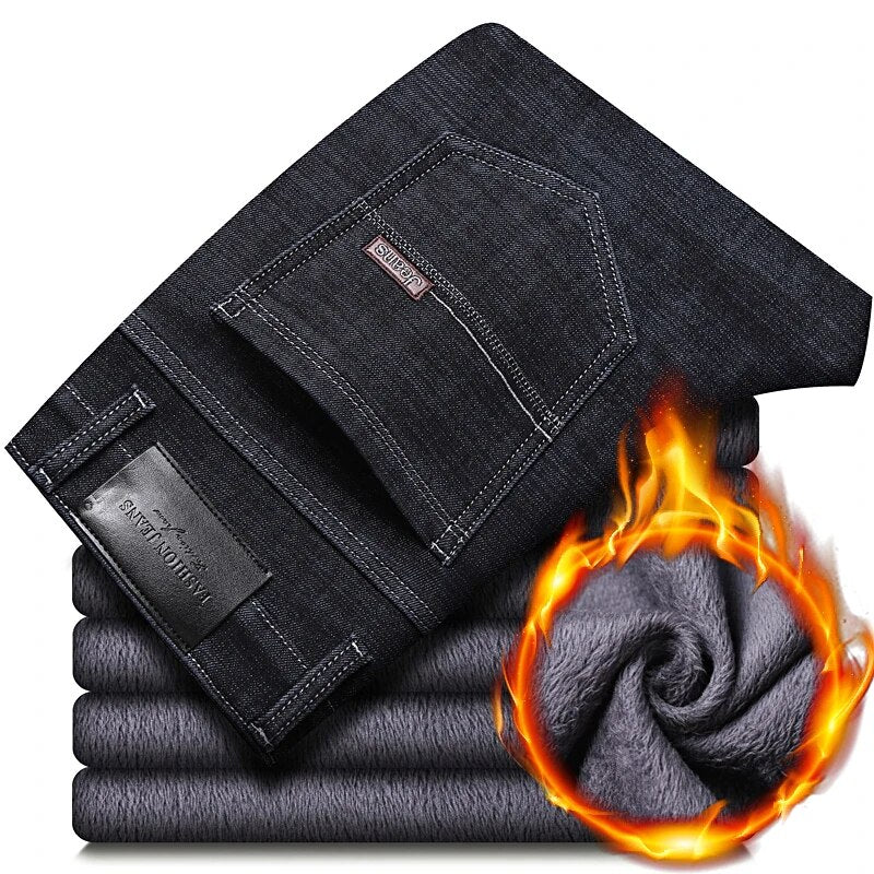 Pantalones vaqueros elásticos de franela abrigados térmicos de invierno para hombre, pantalones de lana de marca famosa de calidad para invierno, pantalones flocados rectos para hombre, pantalones vaqueros para hombre