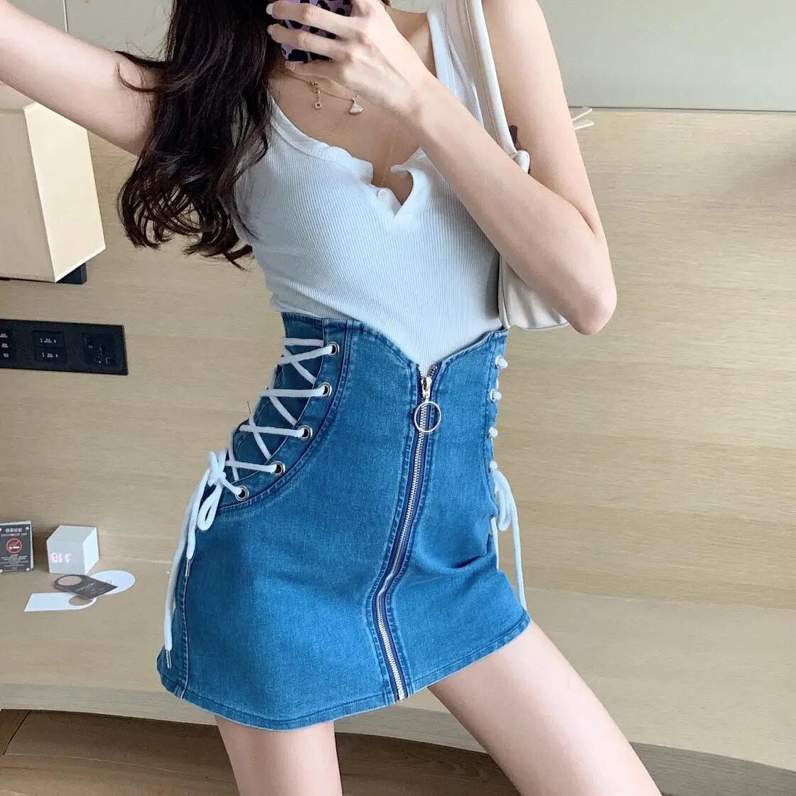 Denim Skirts Women Lace Up High Waist Zipper Mini Skirts Clubwear Sexy Pencil Skirt Warp Slim Vintage Designer Streetwear X201