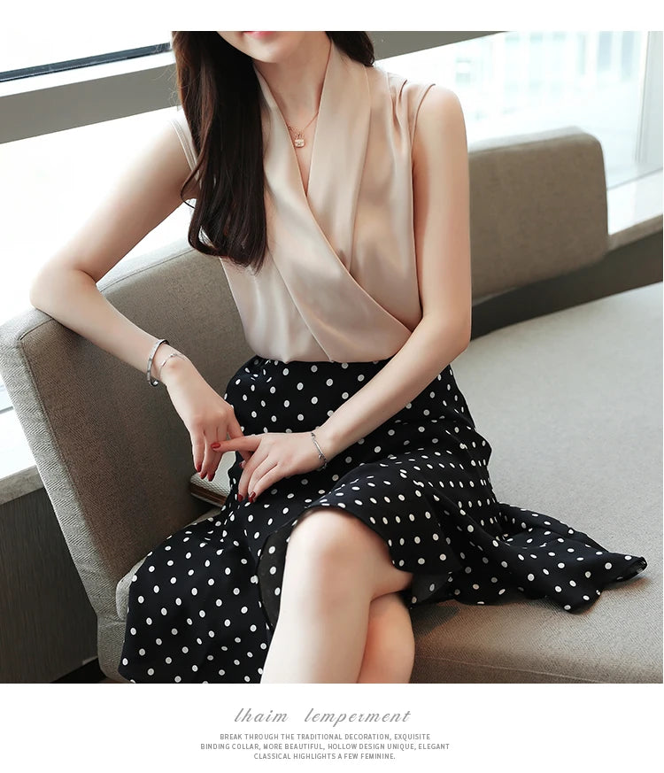 Summer plus Size Women's Sleeveless V Neck Blouse Elegant Sexy Silk T-Shirt Brand Clothes 2025 S-3XL Ladies Tops KE3990