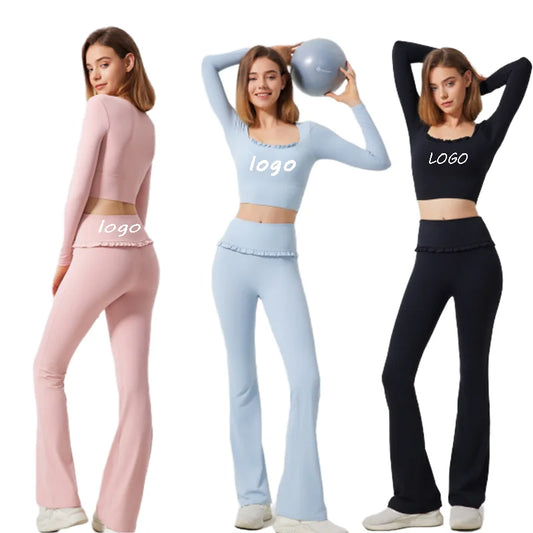 Fashionable Luxury Quick Dry Elastic Lace Tops & Pants Yoga Sets Lounge Wear Soft 2 Piece Set Women