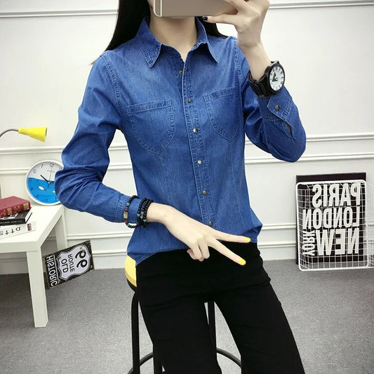 Nueva camisa vaquera para mujer, camisa vaquera a la moda de primavera con bolsillos para mujer, blusas ajustadas de manga larga para mujer, ropa para mujer