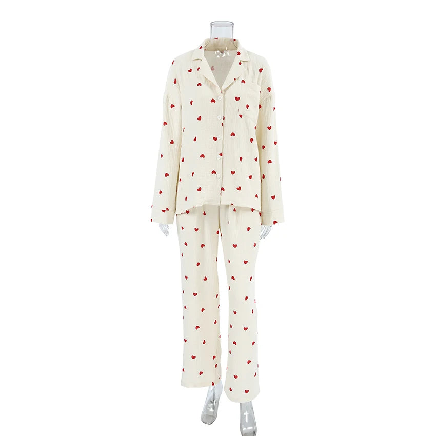 Breathable love Print Pajamas Sets with Elastic Waist Loose 2025 Ladies Homewear Cotton Spring Lounge Wear Set for Women