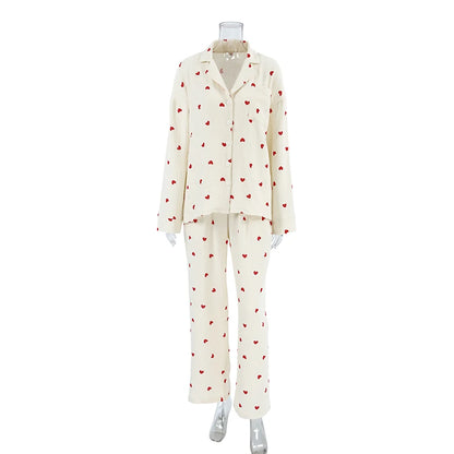 Breathable love Print Pajamas Sets with Elastic Waist Loose 2025 Ladies Homewear Cotton Spring Lounge Wear Set for Women