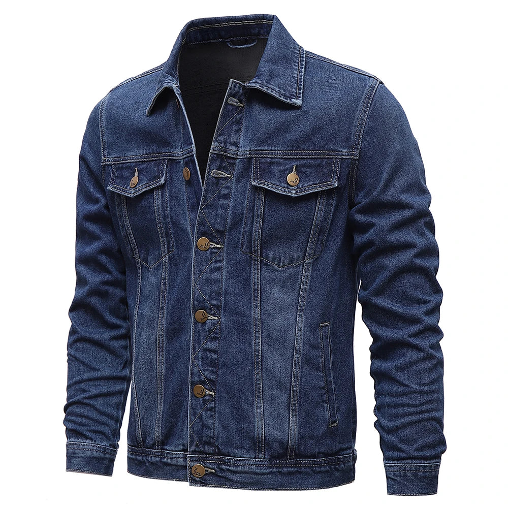 Men Denim Jackets Casual Solid Color Lapel Single Breasted Blue Jeans Jacket Men Spring Autumn Slim Fit Cotton Outwear Jackets M~ 5XL