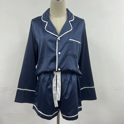Luxury Sleep Lounge Wear Satin Sleepwear Personalize Long Sleeve Pajama Short Set Custom Women Pajamas