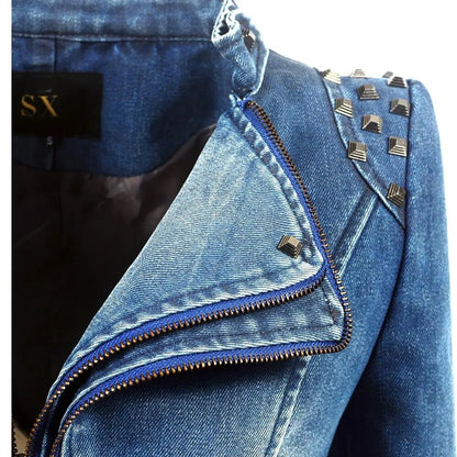 SX mujer 2019 primavera otoño denim remache punk Chaqueta corta ajustada motocicleta rompevientos cremallera prendas de vestir exteriores