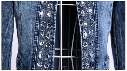 Elegant Diamonds Denim Jackets Women Vintage Jeans Jacket Ladies Spring Autumn outerwear Slim Casual Denim Coats