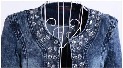 Elegant Diamonds Denim Jackets Women Vintage Jeans Jacket Ladies Spring Autumn outerwear Slim Casual Denim Coats