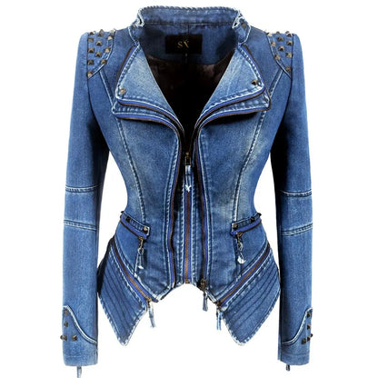 SX mujer 2019 primavera otoño denim remache punk Chaqueta corta ajustada motocicleta rompevientos cremallera prendas de vestir exteriores