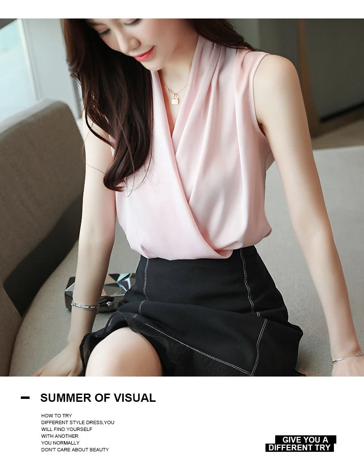 Summer plus Size Women's Sleeveless V Neck Blouse Elegant Sexy Silk T-Shirt Brand Clothes 2025 S-3XL Ladies Tops KE3990