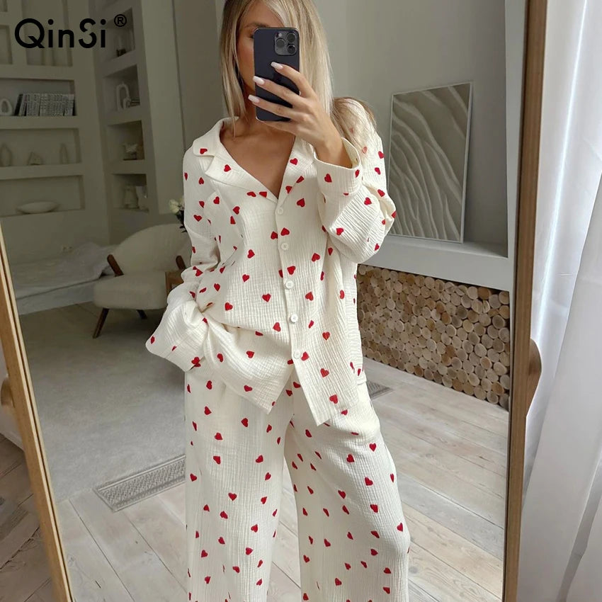 Breathable love Print Pajamas Sets with Elastic Waist Loose 2025 Ladies Homewear Cotton Spring Lounge Wear Set for Women
