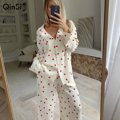 Breathable love Print Pajamas Sets with Elastic Waist Loose 2025 Ladies Homewear Cotton Spring Lounge Wear Set for Women