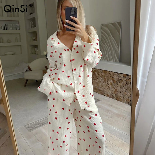 Breathable love Print Pajamas Sets with Elastic Waist Loose 2025 Ladies Homewear Cotton Spring Lounge Wear Set for Women