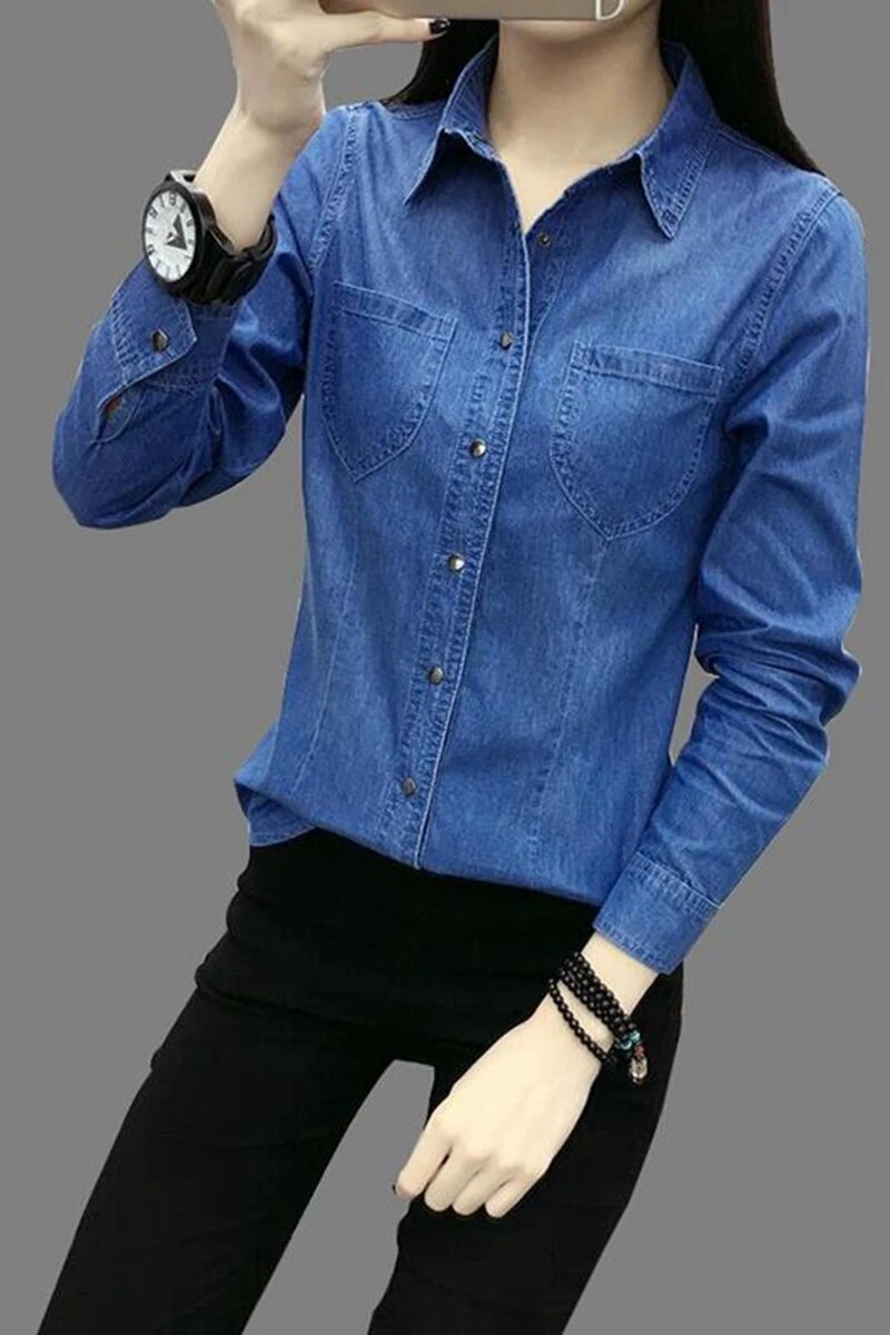 Nueva camisa vaquera para mujer, camisa vaquera a la moda de primavera con bolsillos para mujer, blusas ajustadas de manga larga para mujer, ropa para mujer