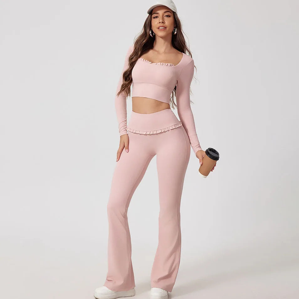 Fashionable Luxury Quick Dry Elastic Lace Tops & Pants Yoga Sets Lounge Wear Soft 2 Piece Set Women
