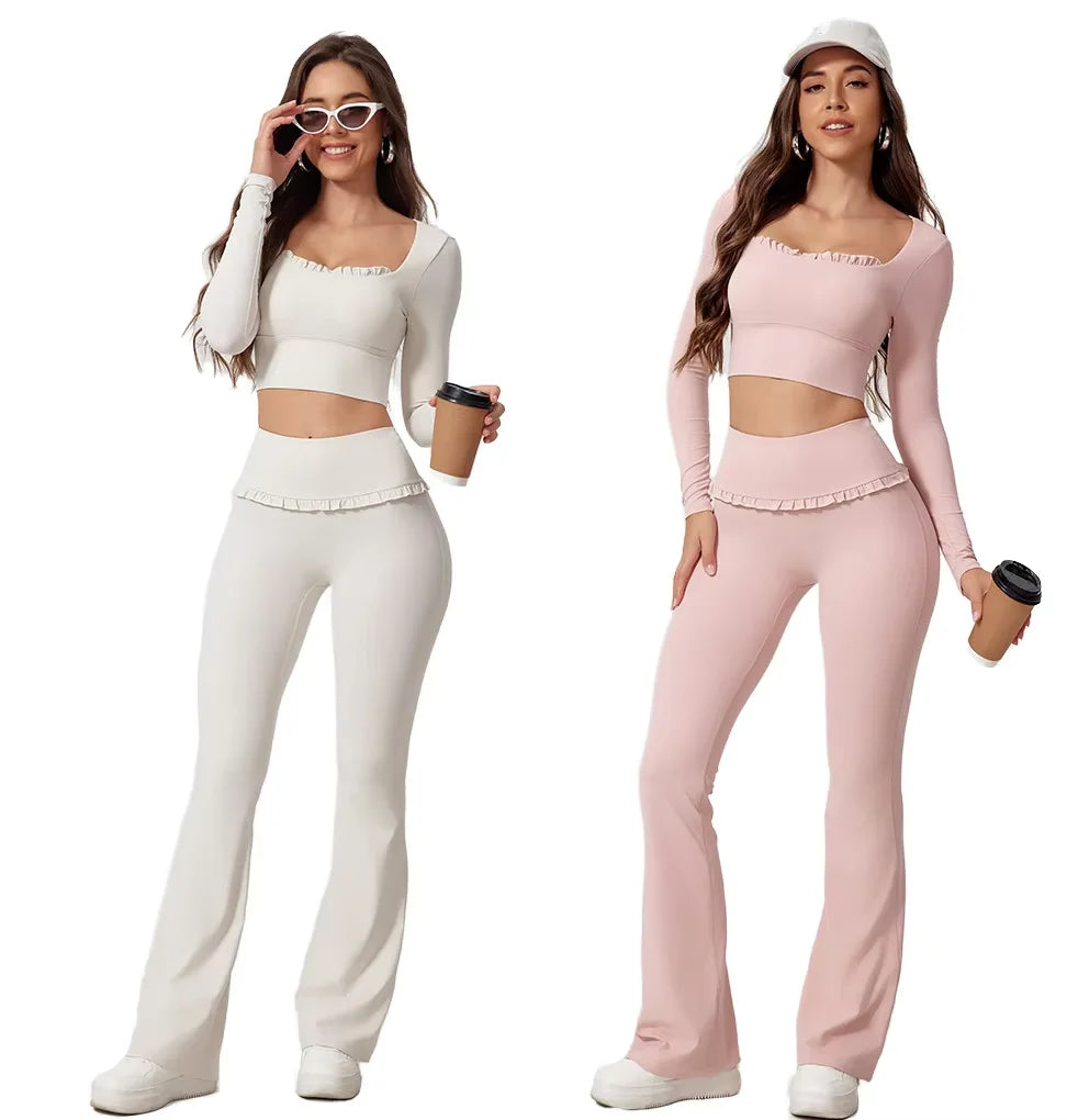 Fashionable Luxury Quick Dry Elastic Lace Tops & Pants Yoga Sets Lounge Wear Soft 2 Piece Set Women