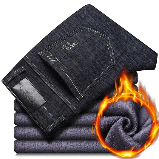 Pantalones vaqueros elásticos de franela abrigados térmicos de invierno para hombre, pantalones de lana de marca famosa de calidad para invierno, pantalones flocados rectos para hombre, pantalones vaqueros para hombre