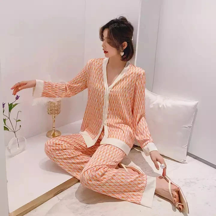 Women Fashion New Pajamas High Quality Sleepwear Luxury Inspired Lounge Wear Two Pieces Long Sleeve Silk Pajamas Set