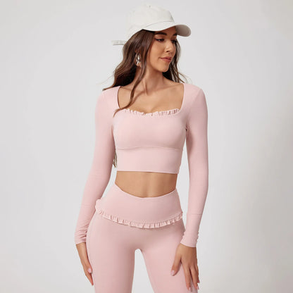 Fashionable Luxury Quick Dry Elastic Lace Tops & Pants Yoga Sets Lounge Wear Soft 2 Piece Set Women
