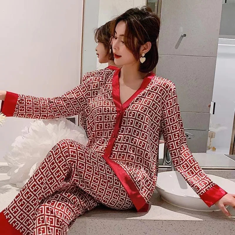 Women Fashion New Pajamas High Quality Sleepwear Luxury Inspired Lounge Wear Two Pieces Long Sleeve Silk Pajamas Set