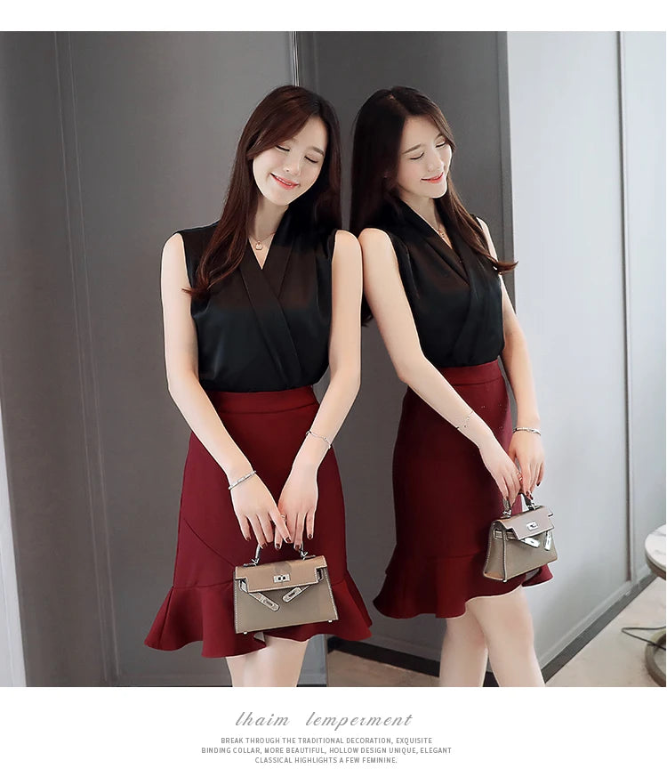 Summer plus Size Women's Sleeveless V Neck Blouse Elegant Sexy Silk T-Shirt Brand Clothes 2025 S-3XL Ladies Tops KE3990