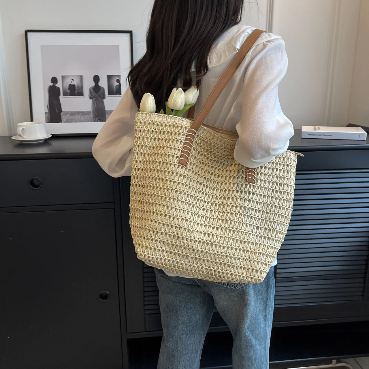 Summer Natural Rattan Woven Tote Bags Handmade Women Beach Straw Bags Women Handbags